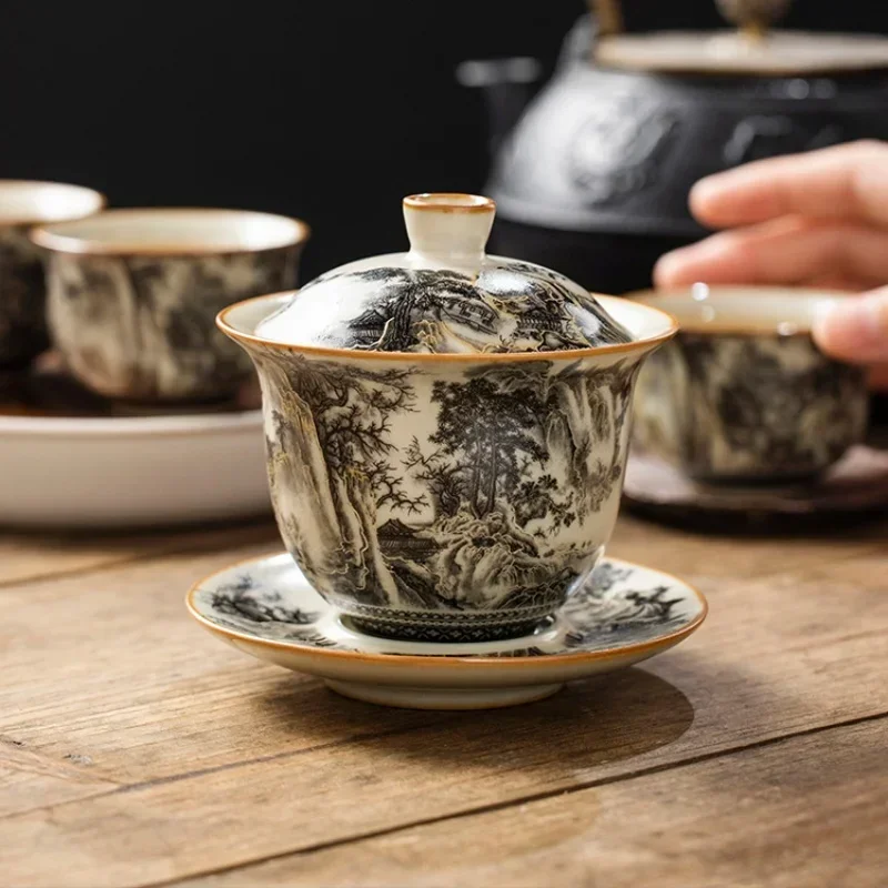 

-160ML Ru Kiln Landscape Porcelain Gaiwan Set For Tea Tureen Teaware Cup Chinese Yellow Ceramic Opening Tea Bowls Tea Ceremony