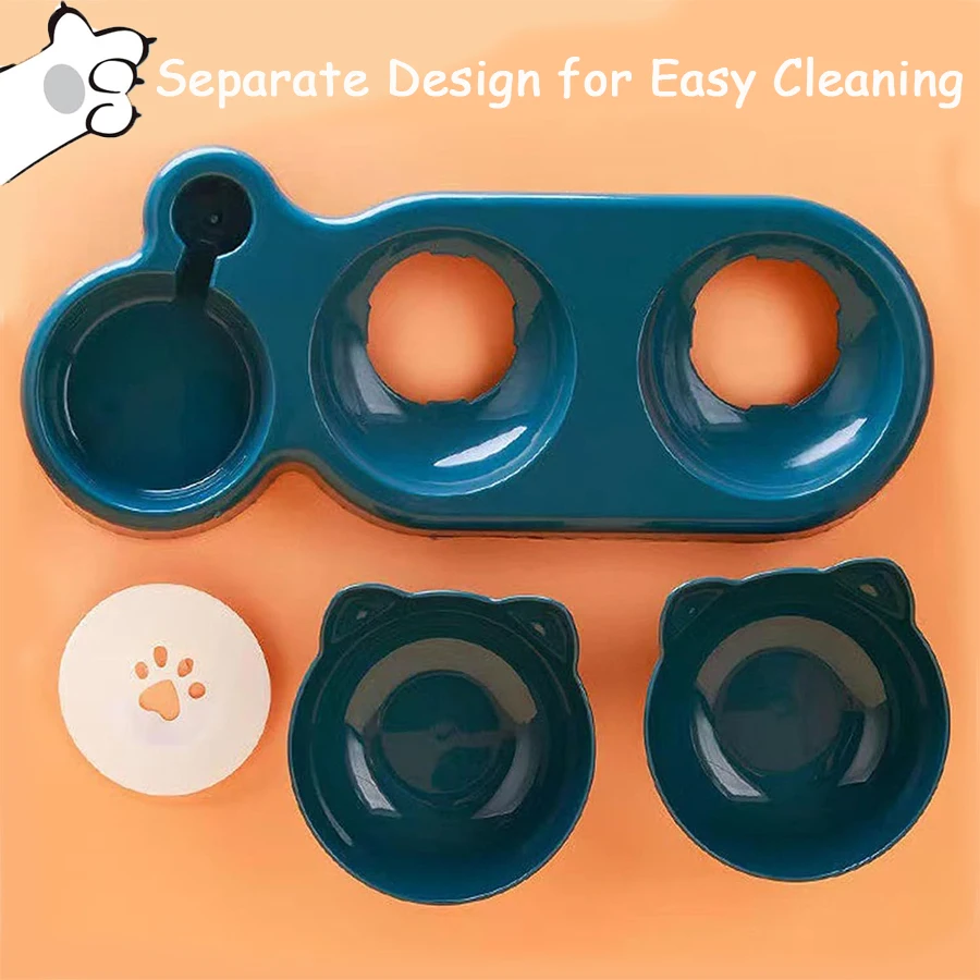 Pet Bowls With Water Feeder 3 In 1 Ear Design Tilted Cats Water And Food Bowl Set With Gravity Water Bottle For Neck Protection