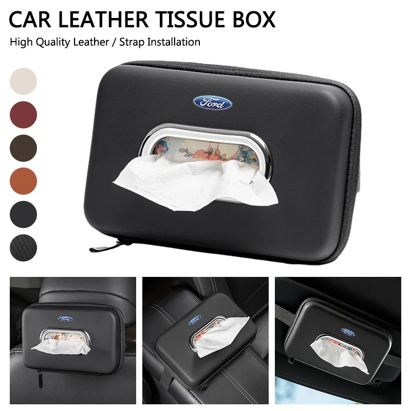 Boîte à mouchoirs pour voiture, étui de rangement suspendu au dossier du siège, pour Ford Mustang Bronco Fiesta Focus Mondeo Kuga Edge Explorer F150, autocollant