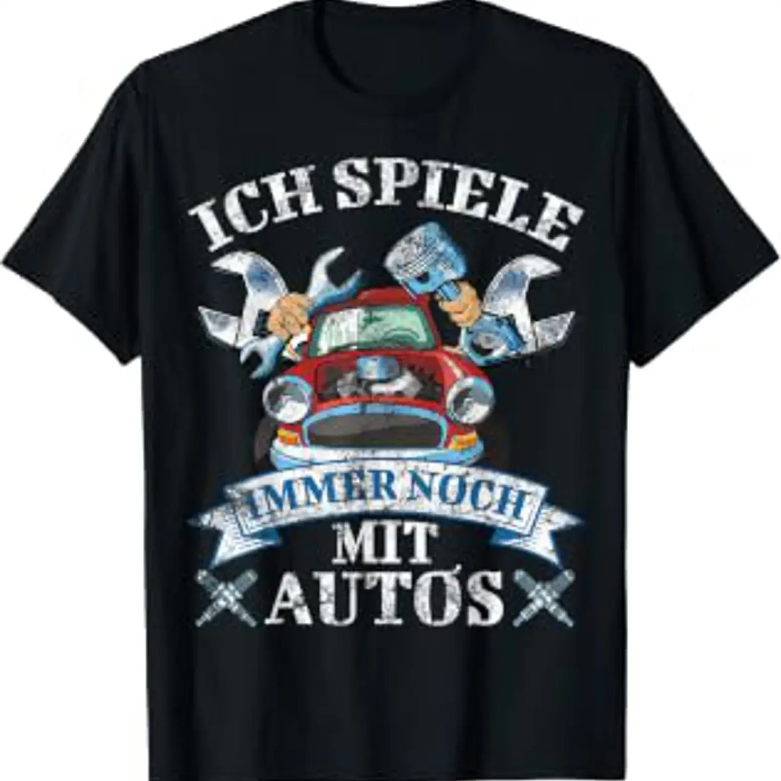 German Quote Ich Spiele Noch Mit Autos Cartoon Mechanic Tuner Wrench Vintage T Shirt Black vintage Washed Casual Soft Stylish