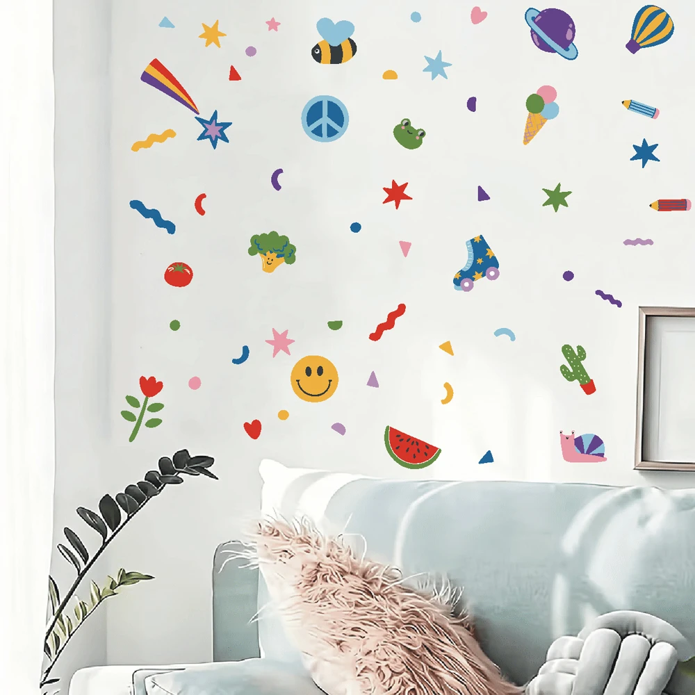 Colorful Stars and Doodles Fabric Wall Stickers Skates Rainbows Hearts Wall Decals Bedroom Bathroom Living Room Home Wall Decor view 3