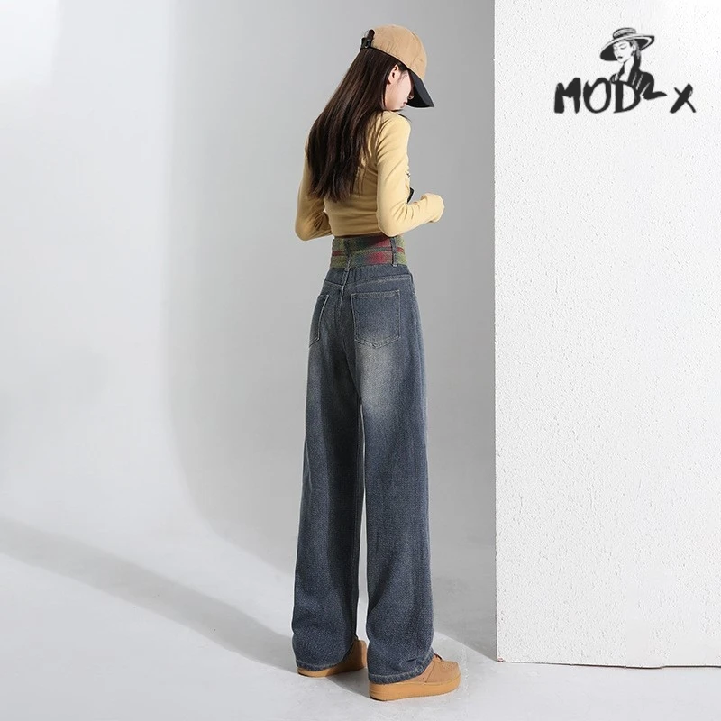 Women\'s High Waist Wide Leg Jeans Straight Leg Mop Pants Gradual Change Waist Loose Personality Draping New 2024