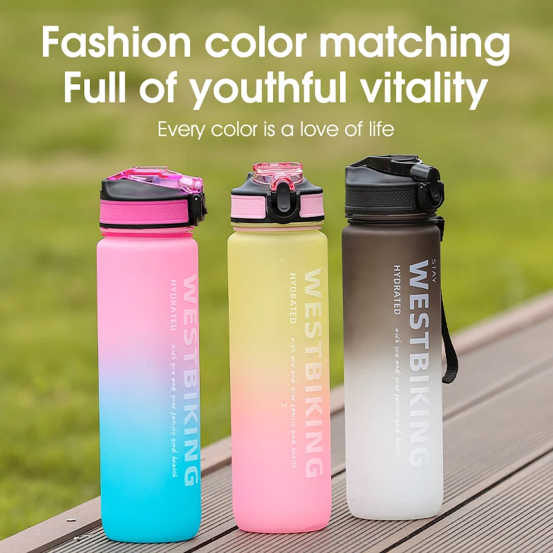 WEST BIKING 1000ML Gradient Sports Water Bottle BPA Free Portable Leakproof Outdoor Cycling Running Gym Water Cup With Straw
