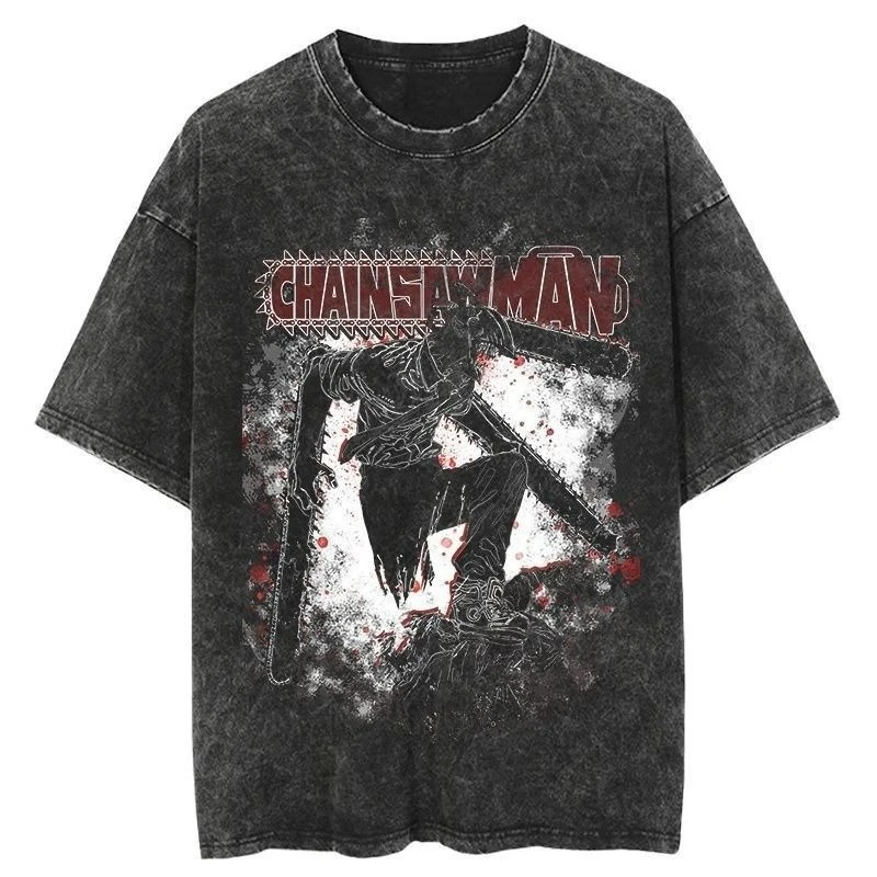 

Chainsaw Man Minimalist Washed T Shirt Vintage Cotton Logo Print Short Sleeve Tee Casual Loose Top for Men Women 2026