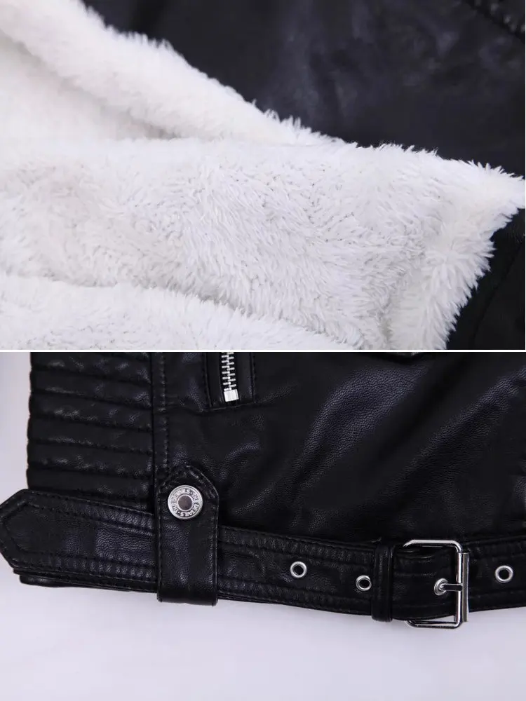 2025 Hot Fashion Women New Winter Warm Faux Leather Jackets with Fur Collar Belt Ladies Thick Black Moto & Biker Outerwear Coats