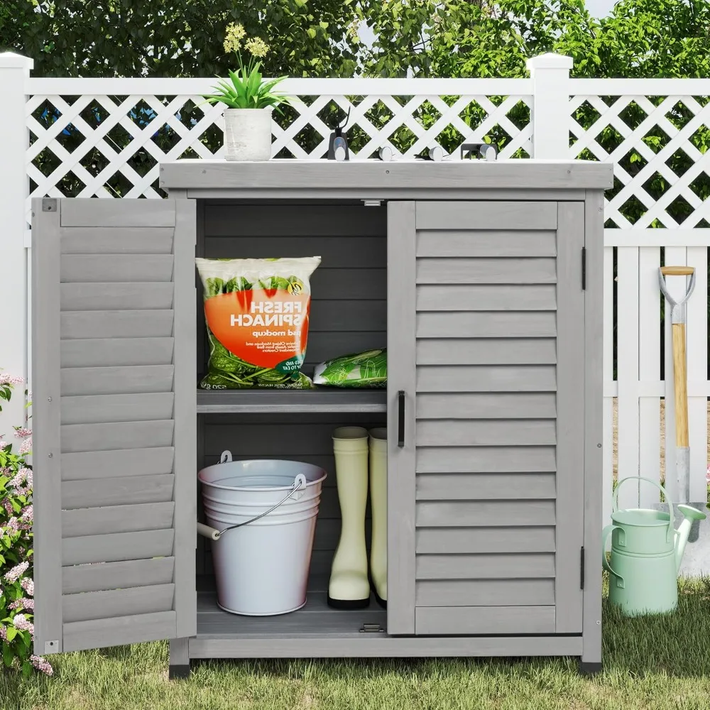 Outdoor Storage Cabinet & Potting Bench with Metal Top, Grey, 36x31x17in