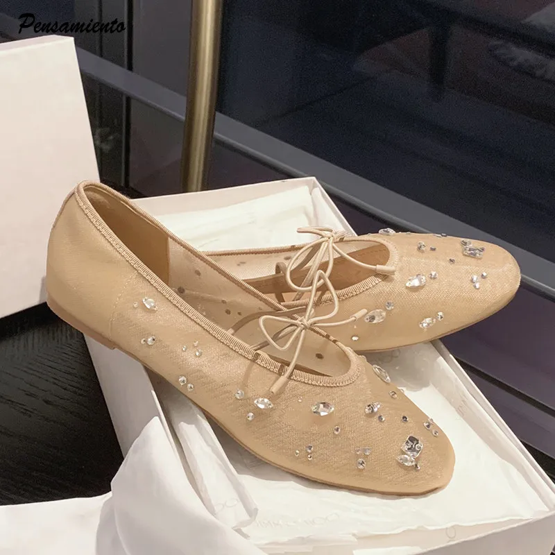 Modische Strass Air Mesh Mary Janes Damen Ballerinas Bequeme Weiche Sohlen Kristall-Walkingschuhe Lässige Tanzschuhe
