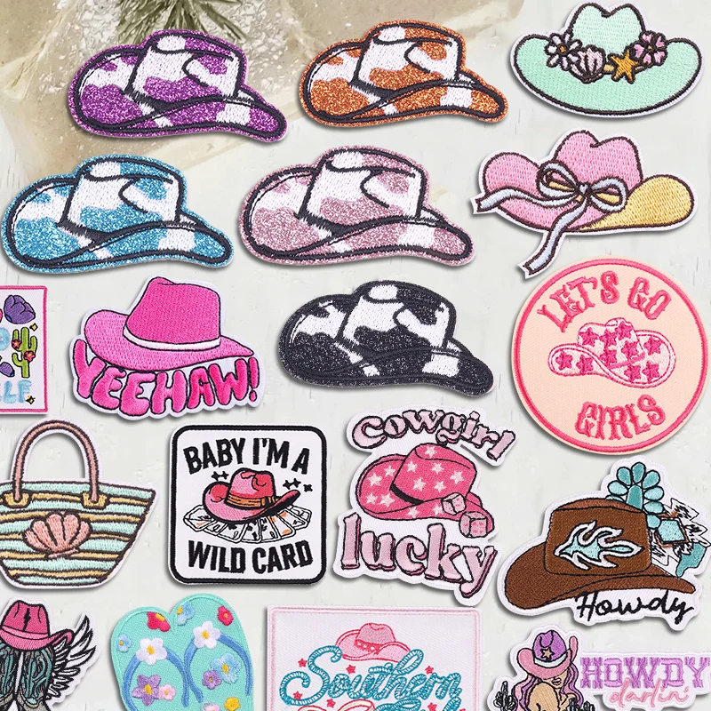Western Cowboy Cowgirl Hut Aufnäher Bestickte Patches Aufbügelbare Patches für Kleidung Thermoadhäsive Aufbügelbare Aufnäher zum Nähen DIY
