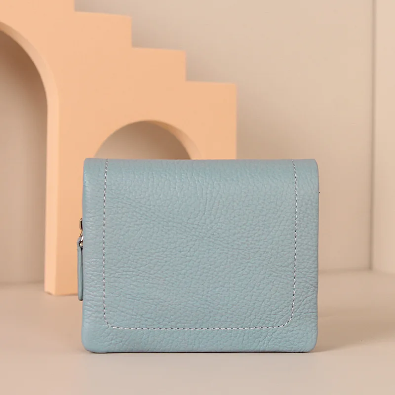 Cartera cuadrada corta de cuero auténtico para hombre y mujer, cartera fina multifuncional de gran capacidad con clip de recogida suave y hebilla con cremallera