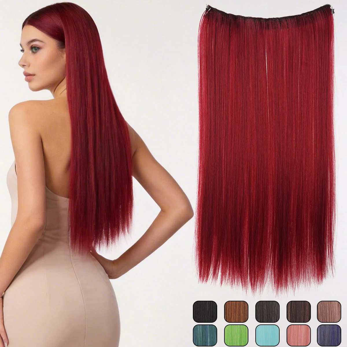 

Синтетический цельный цветной парик-накладка для волос, женский, термостойкий, на клипсах, длинный прямой парик