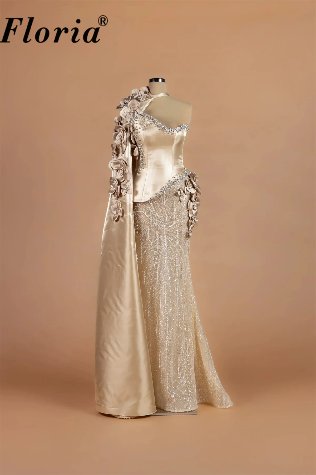 Champagne Arabic Luxury Evening Gown One Shoulder Satin Cape 3D Flowers Heavy Rhinestone Mermaid Formal Dress for Dubai Weddingi