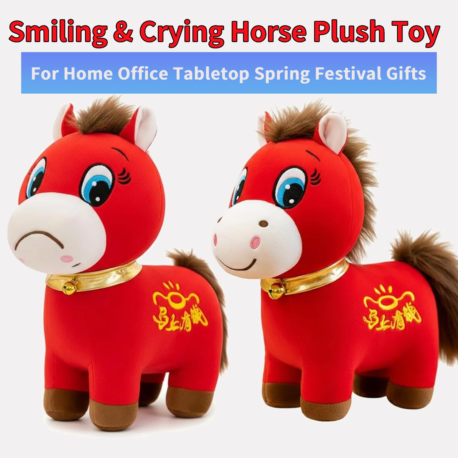 Crying & Happy Horse Plush Set Stuffed Animal Ornament Emotional Support Lucky Mascot Dolls 7.87in for Home Store Tabletop Decor