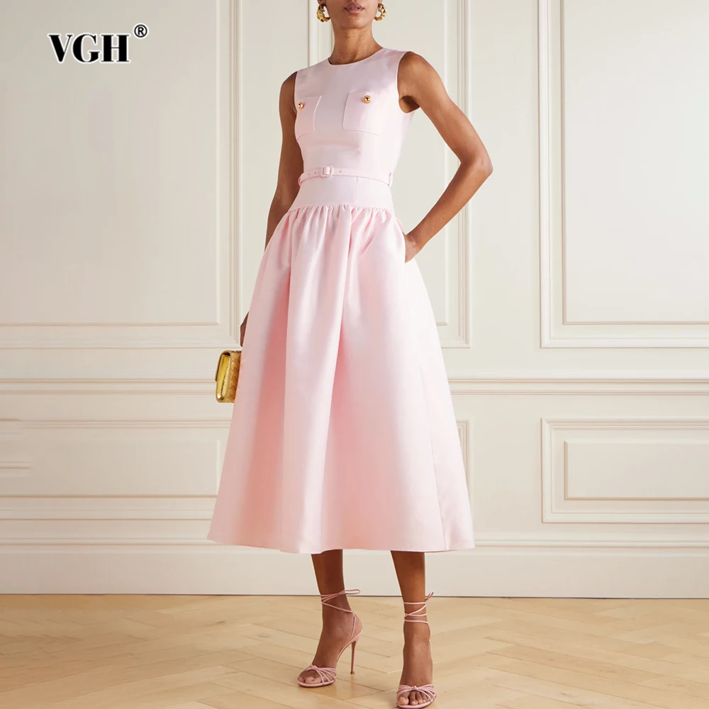 VGH Rosa Farbe Elegantes Midikleid für Frauen Rundhals Ärmellos Patchwork Schärpen Tunika Süße Party-Stil Kleider Weiblicher Stil