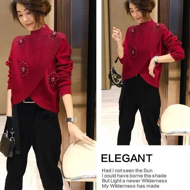 New Casual Knitted Sweater Women Vintage Autumn Beading Long Sleeve Cashmere Jumper Elegant Office Lady Fashion Pullover Tops