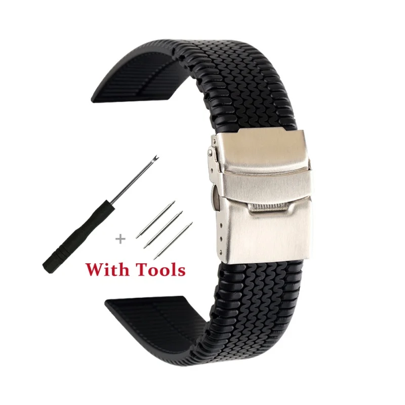 

20mm 22mm 24mm High Quality Black Tire Tread Silicone Watch Strap Stainless Steel Folding Buckle Band for Universal Watch Band
