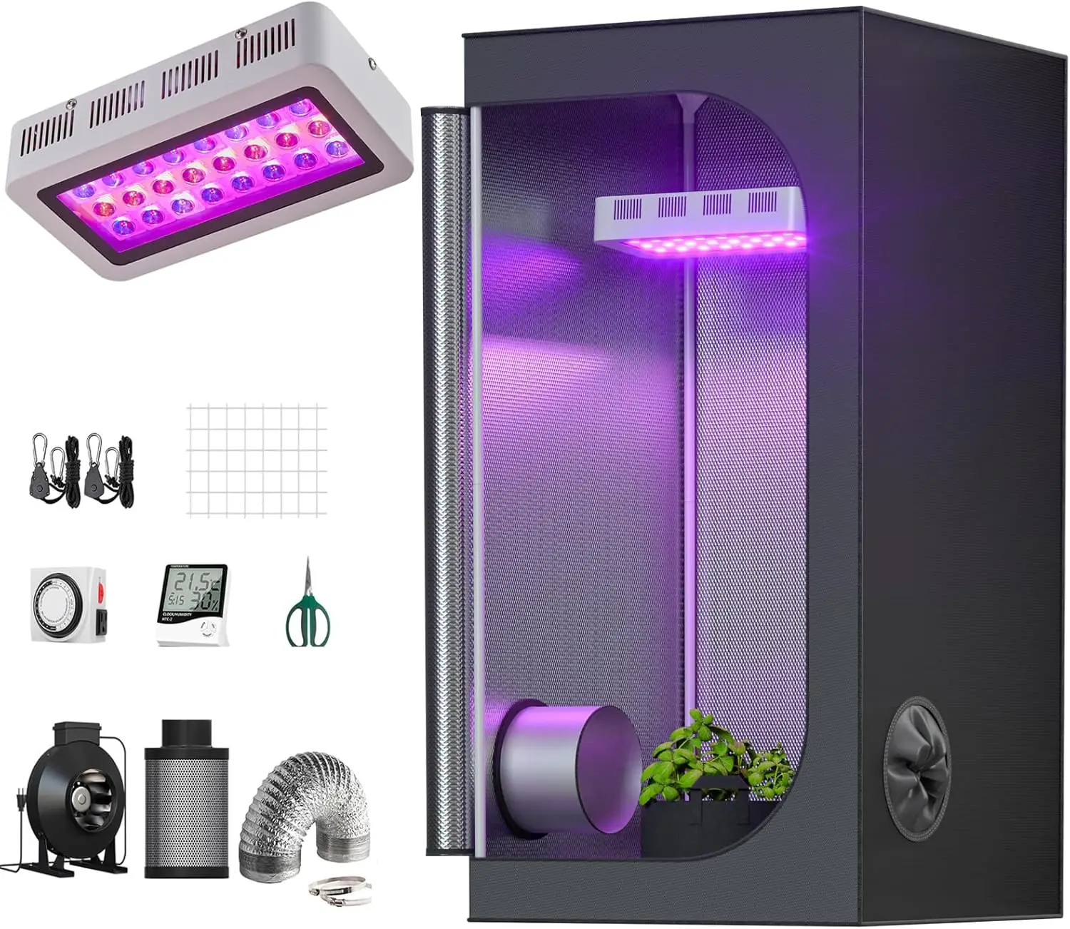 

300W LED Grow Light Full-Spectrum Indoor Hydroponics Kit with Tent, Ventilation, and Accessories for Plant Growth