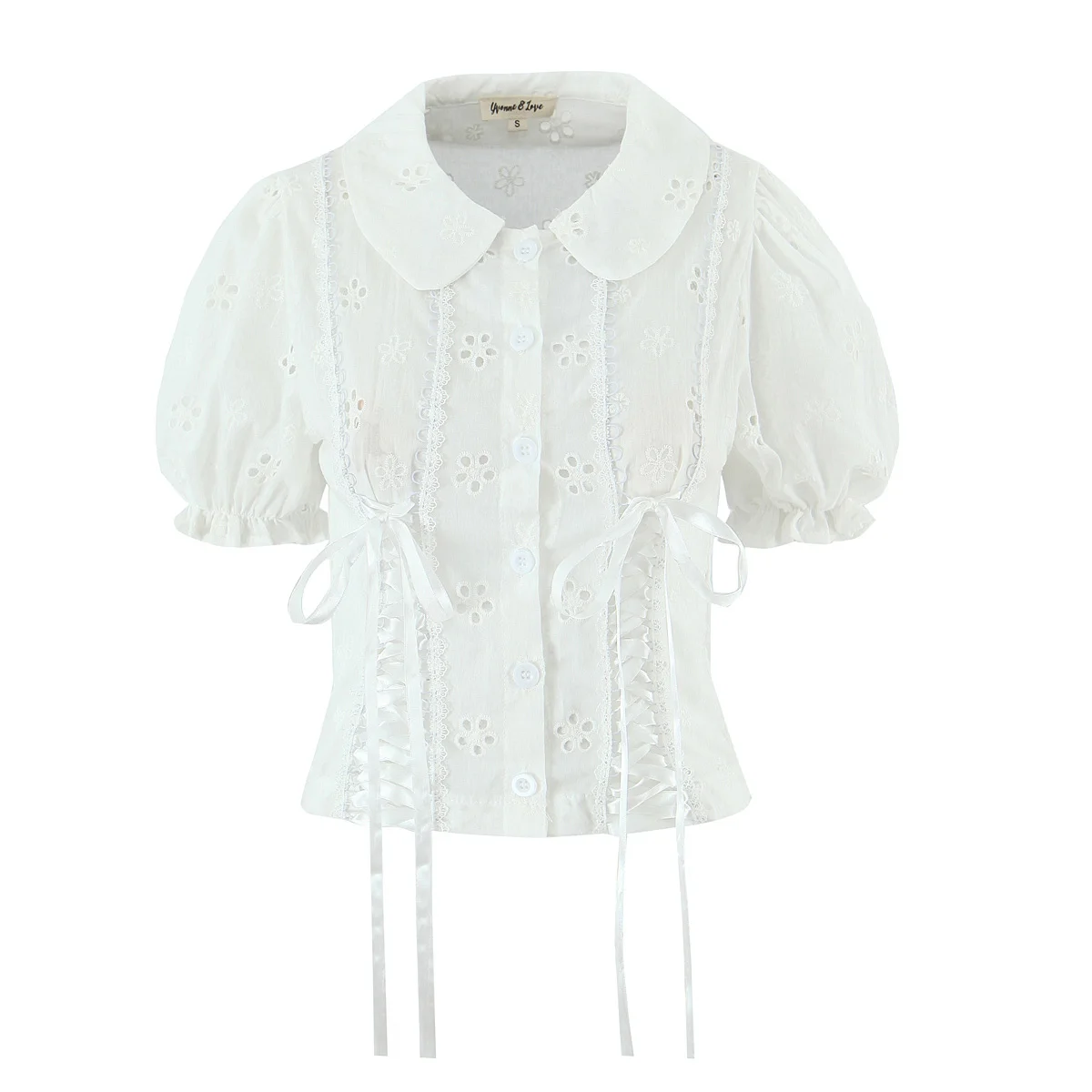 

Sweet Embroidered Tie-Belted Doll Collar Bubble Sve Top Women's Faion Spring New Sle Polyester Fiber Regular Length irt