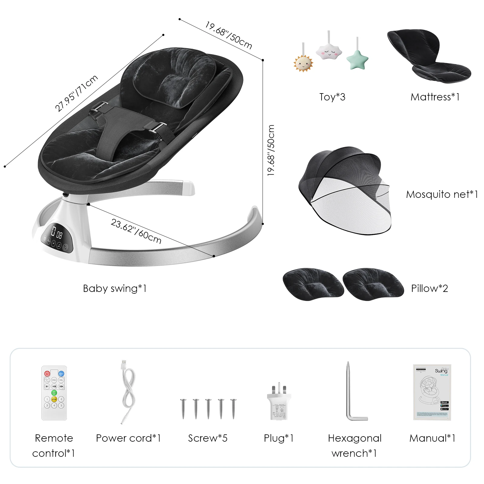 Columpio eléctrico para bebé, dispositivo pivotante de 360 ° para bebés de hasta 9Kg, archivo ajustable, 5 velocidades de oscilación, cinturones de