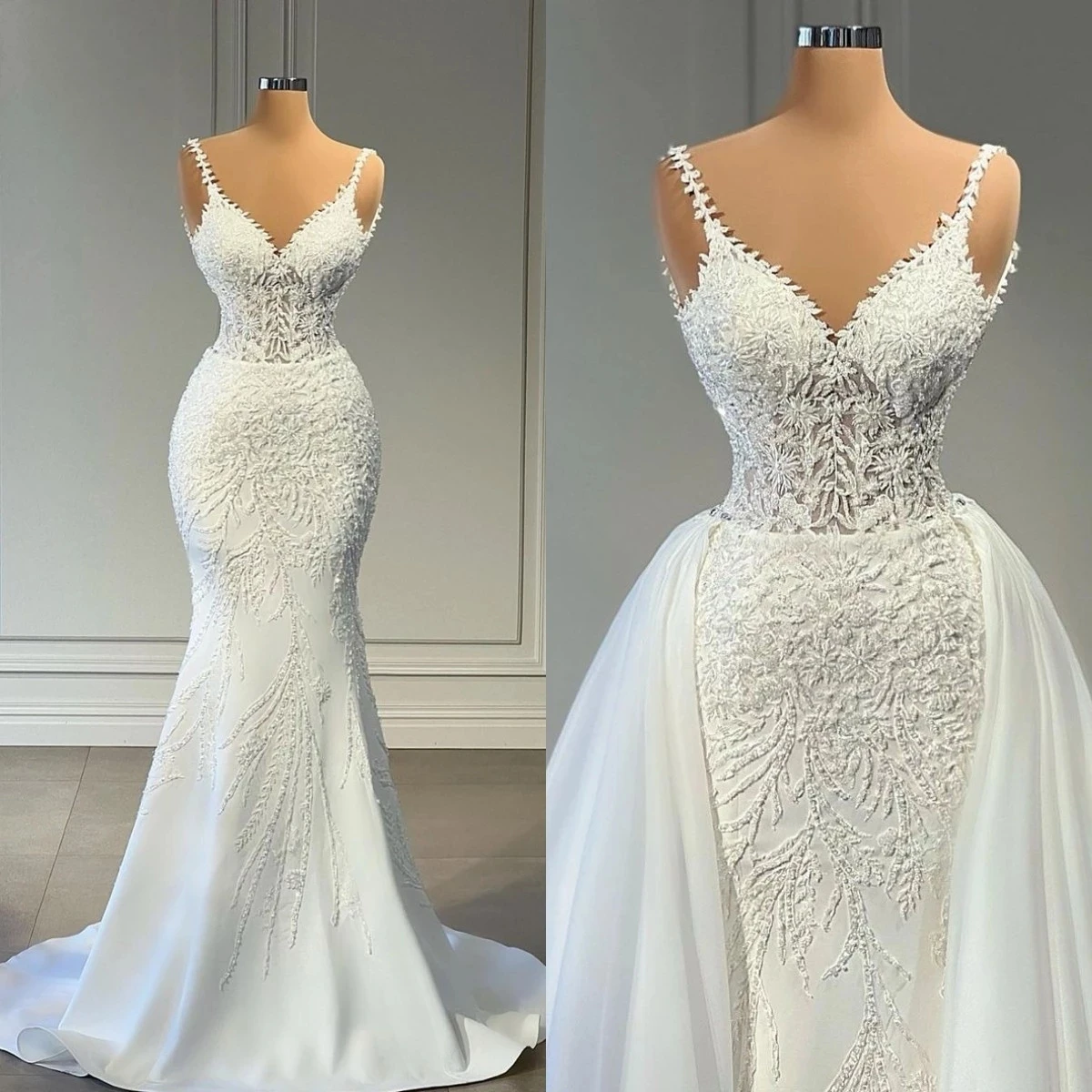 

Glamorous Spaghetti Straps Wedding Dresses V Neck Lace Appliques Bridal Gowns Custom Made Detachable Train Vestido de novia