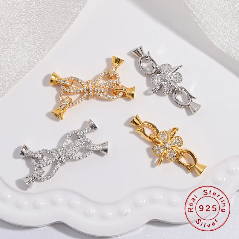 

S925 Sterling Silver Four-Leaf Flower Bow Connector Clasp hooks DIY Accessories Jewelry Making Supplies SK82