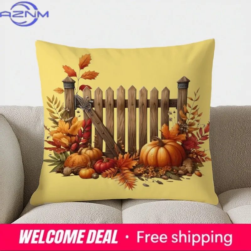 Home Decor Autumn Fence & Pumpkins Decorative Pillow Cover Pattern Cushion Cover Suitable for Sofa Bedroom Car Pillow Cover