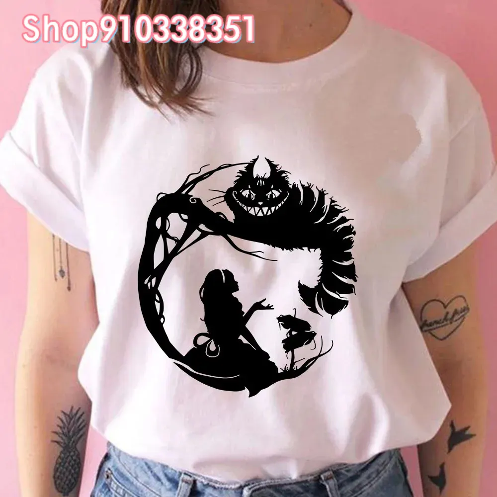 

White Short Sleeve T-shirt Women Oversize Cute Alice in Wonderland Print Design Tshirts Female Casual Ins All-matching Tops