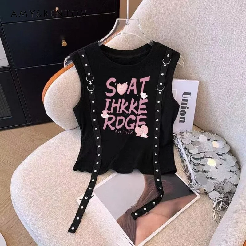 

2026 New Girls' Streetwear Sleeveless Crop Top Letter Print Tank Top with Metal Strap Details Summer Fashion Vest for Kids