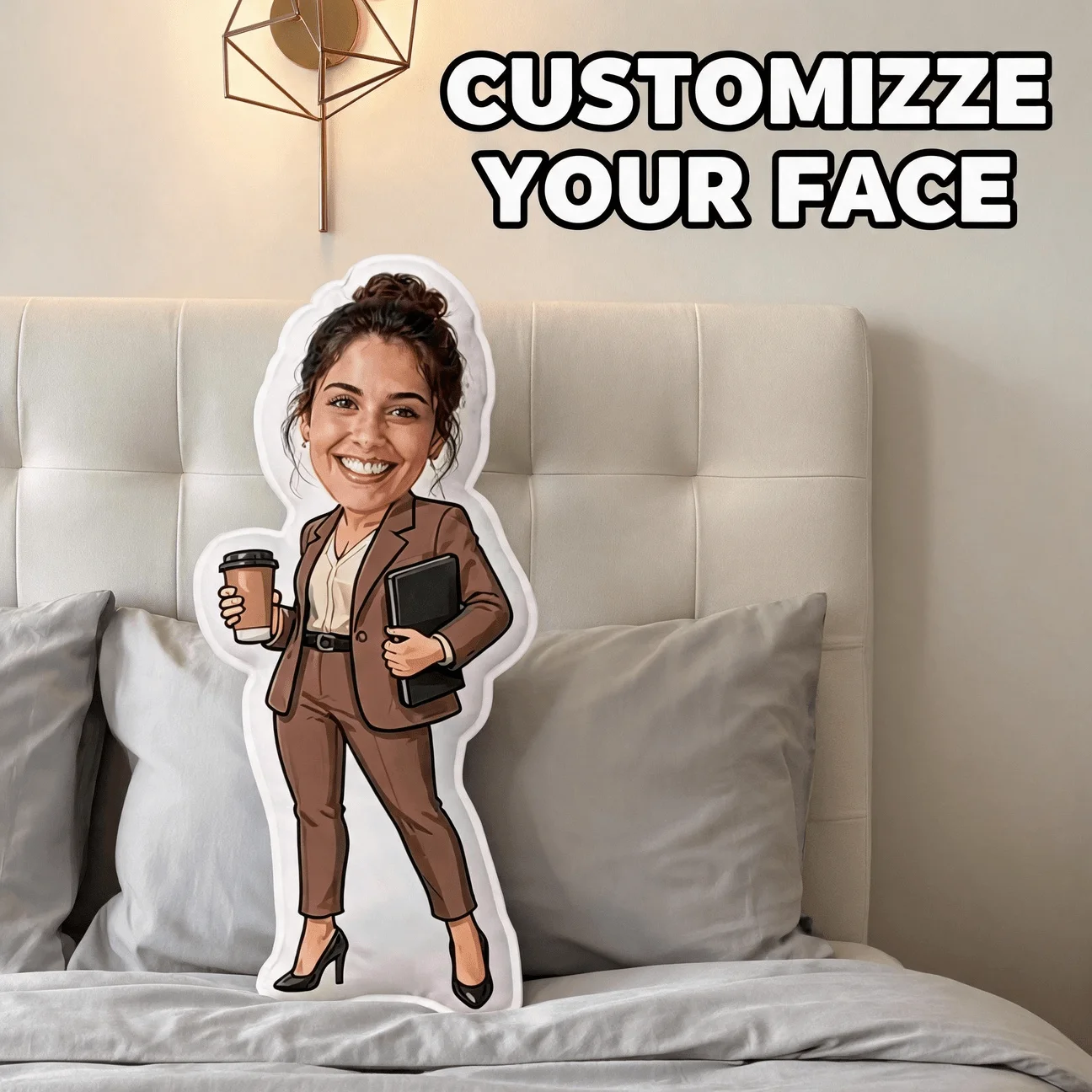 Custom Photo Business Woman Shaped Pillow, Personalized Office Lady Decorative Cushion with Coffee Cup, Unique Home Decor Accent