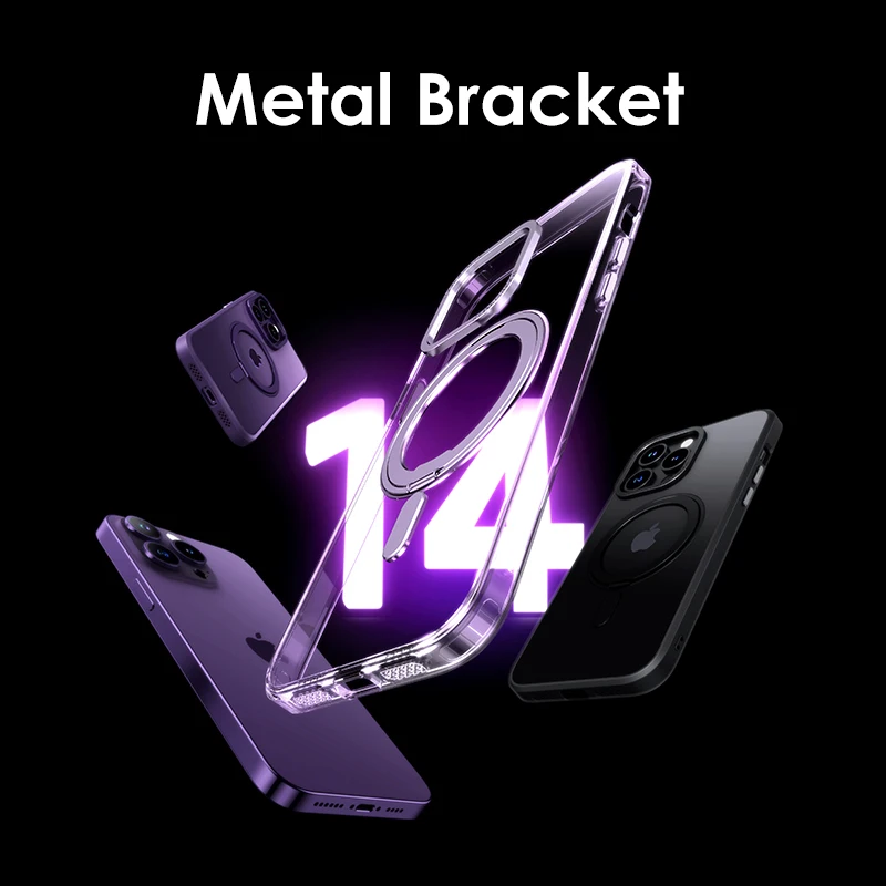 Magnetic Phone Case with Ring Holder, Frosted Transparent Cover, 360 ° Rotation Stand, iPhone 17, 12, 13, 14, 15, 16 Pro Max, 16