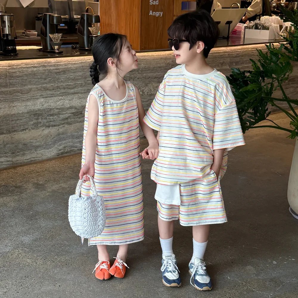 

Children Clothes Suit 2025 Summer Boys Girls Korean Style Striped Short-sleeved Shirt and Shorts Two-piece Set Sleeveless Dress