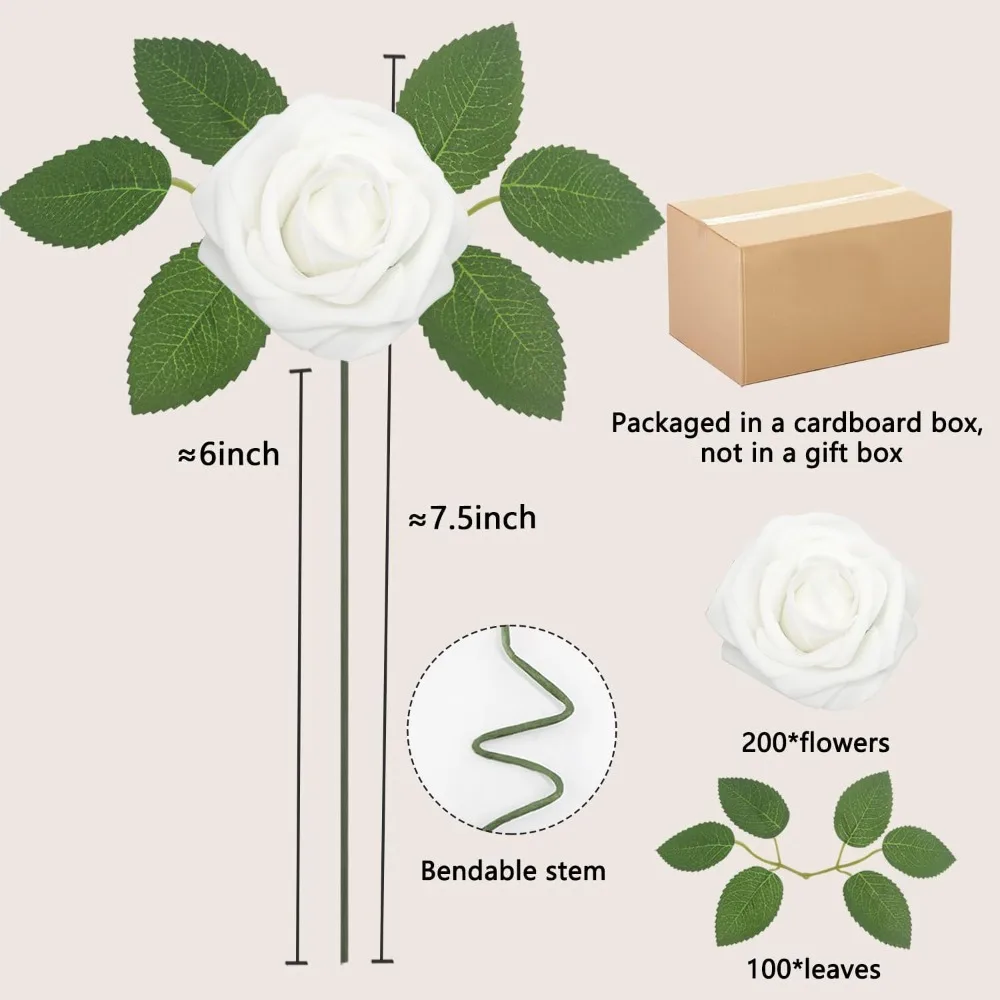 Fiori finti in schiuma di rose bianche artificiali con foglie per bouquet da sposa fai da te, addio al nubilato e decorazioni centrotavola