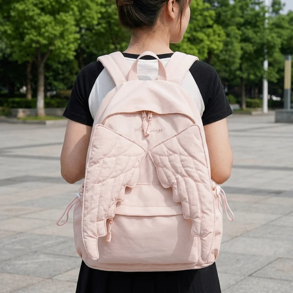 Cute Solid Color Wing Backpack Y2k Lolita Nylon Backpack Large Capacity Lightweight Students School Bag Women