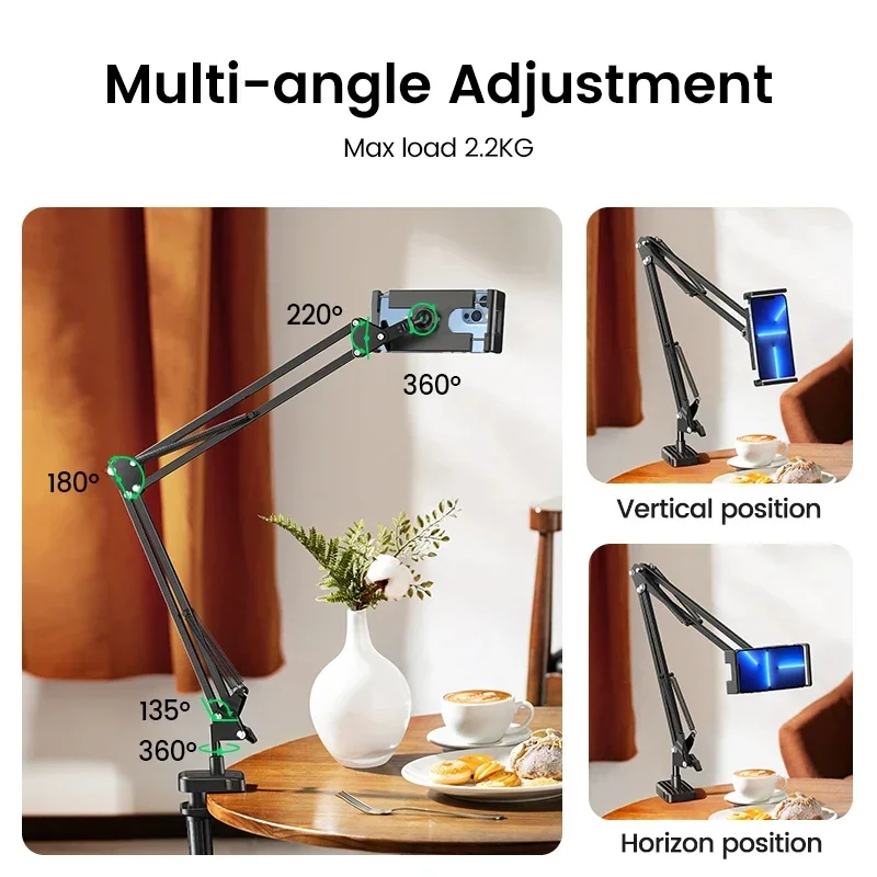 Cell Phone Stand with 90cm Metal Arm for iPad Tablet 360° Swivel Cell Phone Holder for 4.5~12.9 inch Cell Phone Tablets