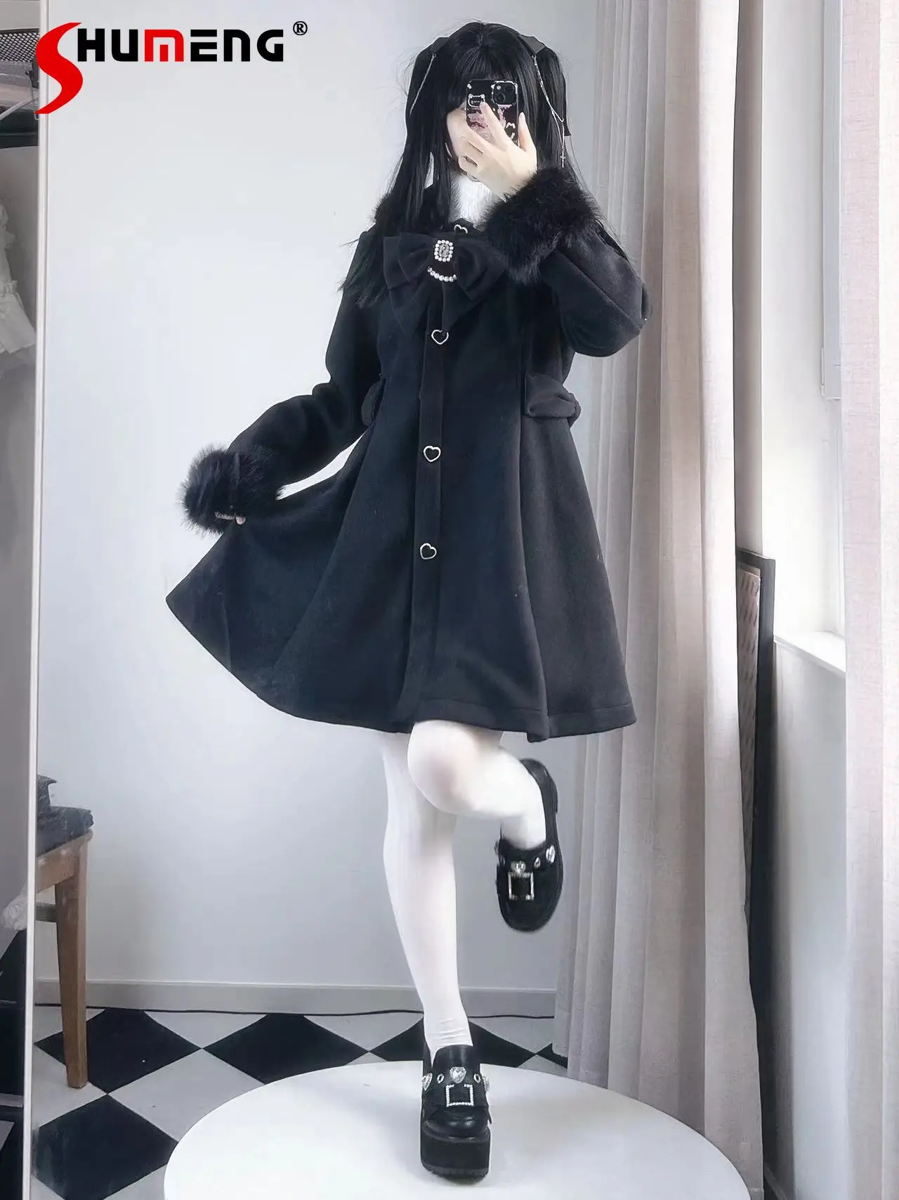 Japanese Cute Black Woolen Coat for Women 2024 Autumn New Mine Mass-Produced Woman Plush Drop-Ear Rabbit Detachable Midi Jacket