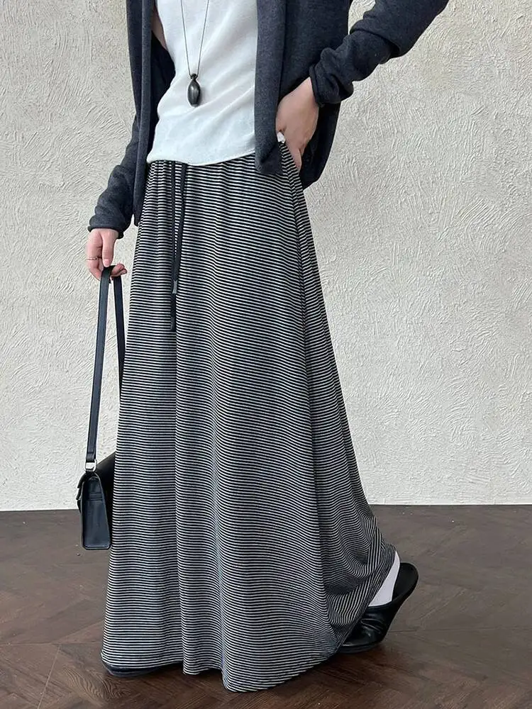 

High Elastic Waist Dark Gray Striped Drawstring A-line Half-body Skirt Women Fashion Tide New Spring Autumn