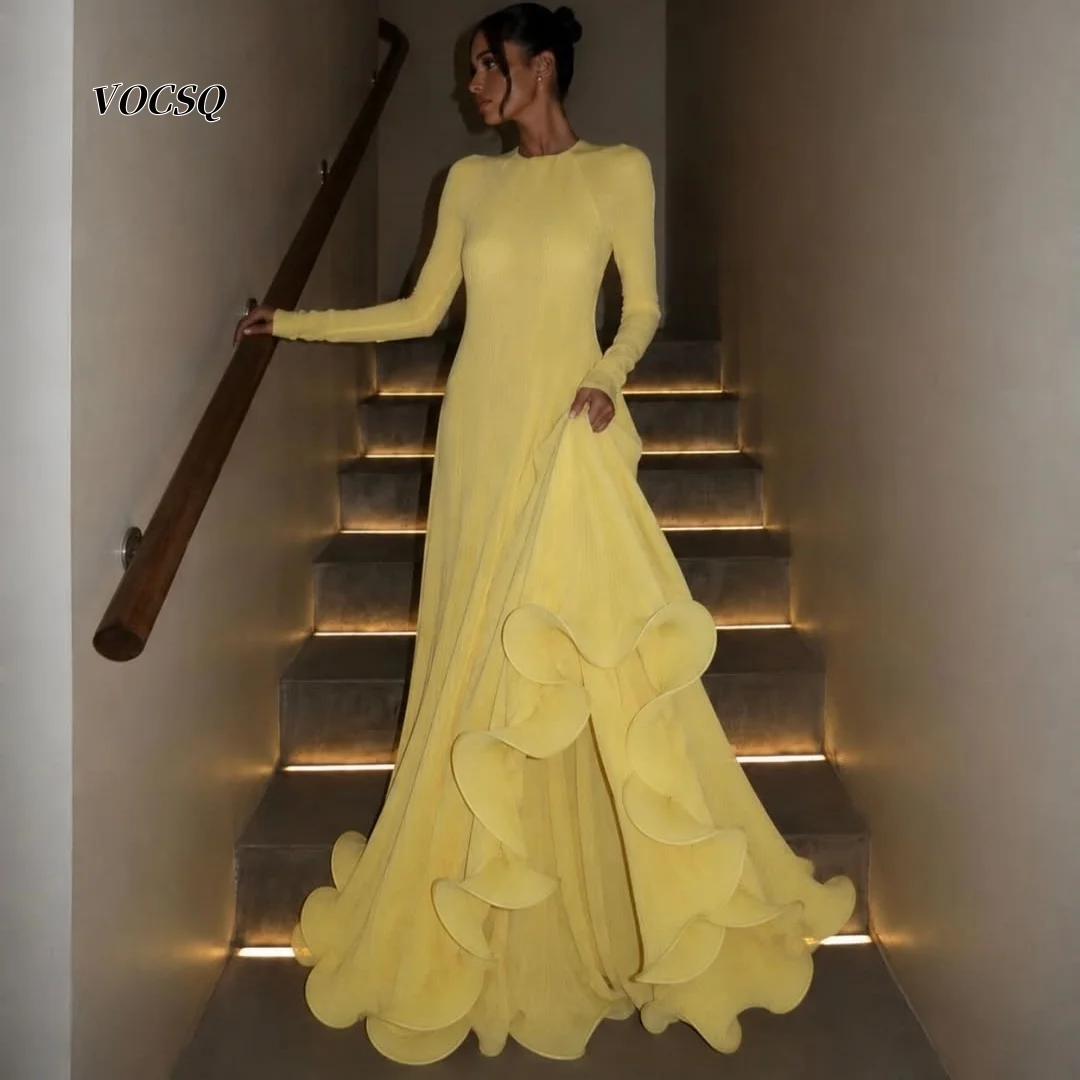 Prom Dress 2026 Mermaid Formal Gown Round Neck Long Sleeve Big Ruffle Hem Back Keyhole Chiffon Evening Dresses Customized