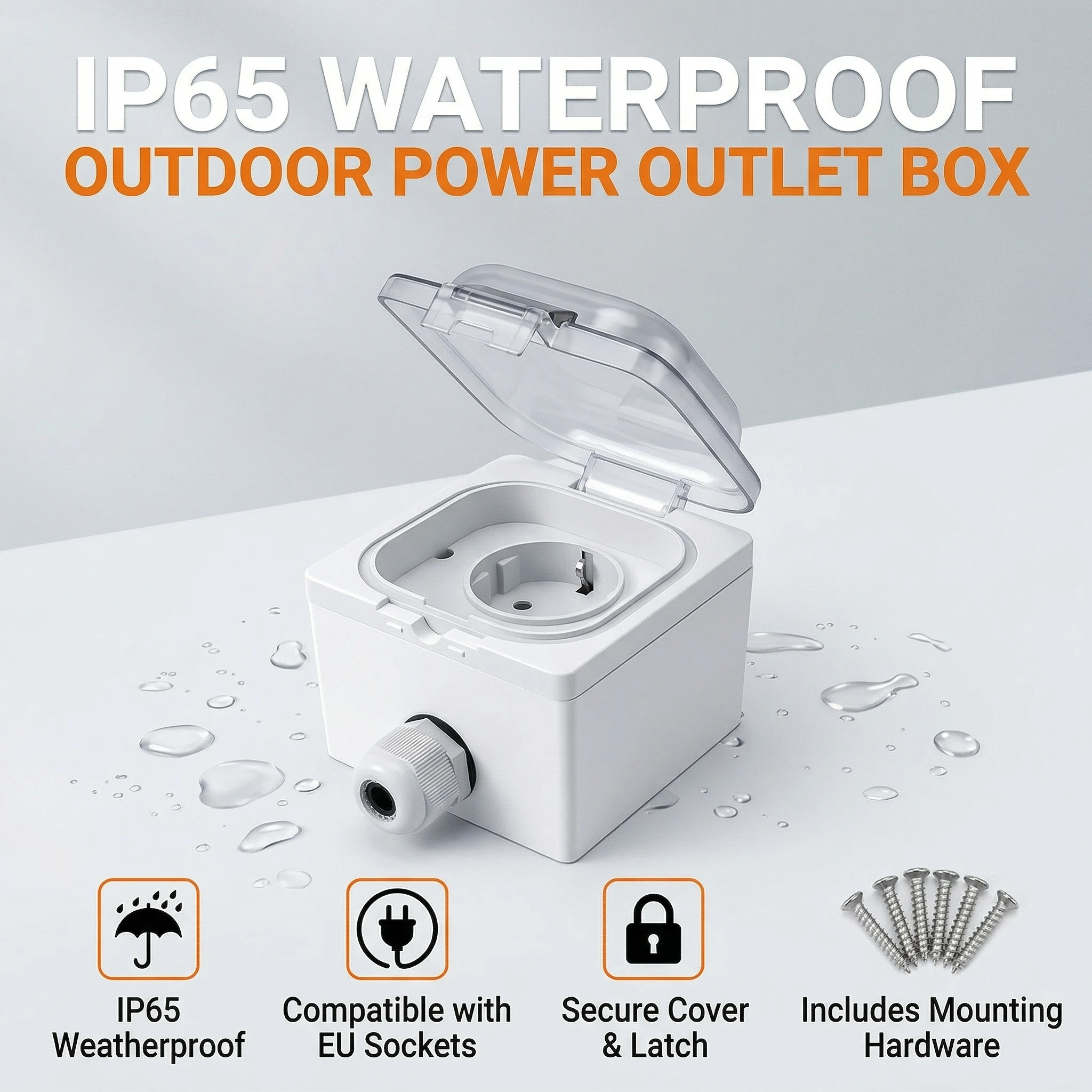 

IP65 Waterproof Surface-Mount Socket Box, Universal Outdoor Weatherproof Electrical Outlet for Bathroom, Kitchen & DIY Projects