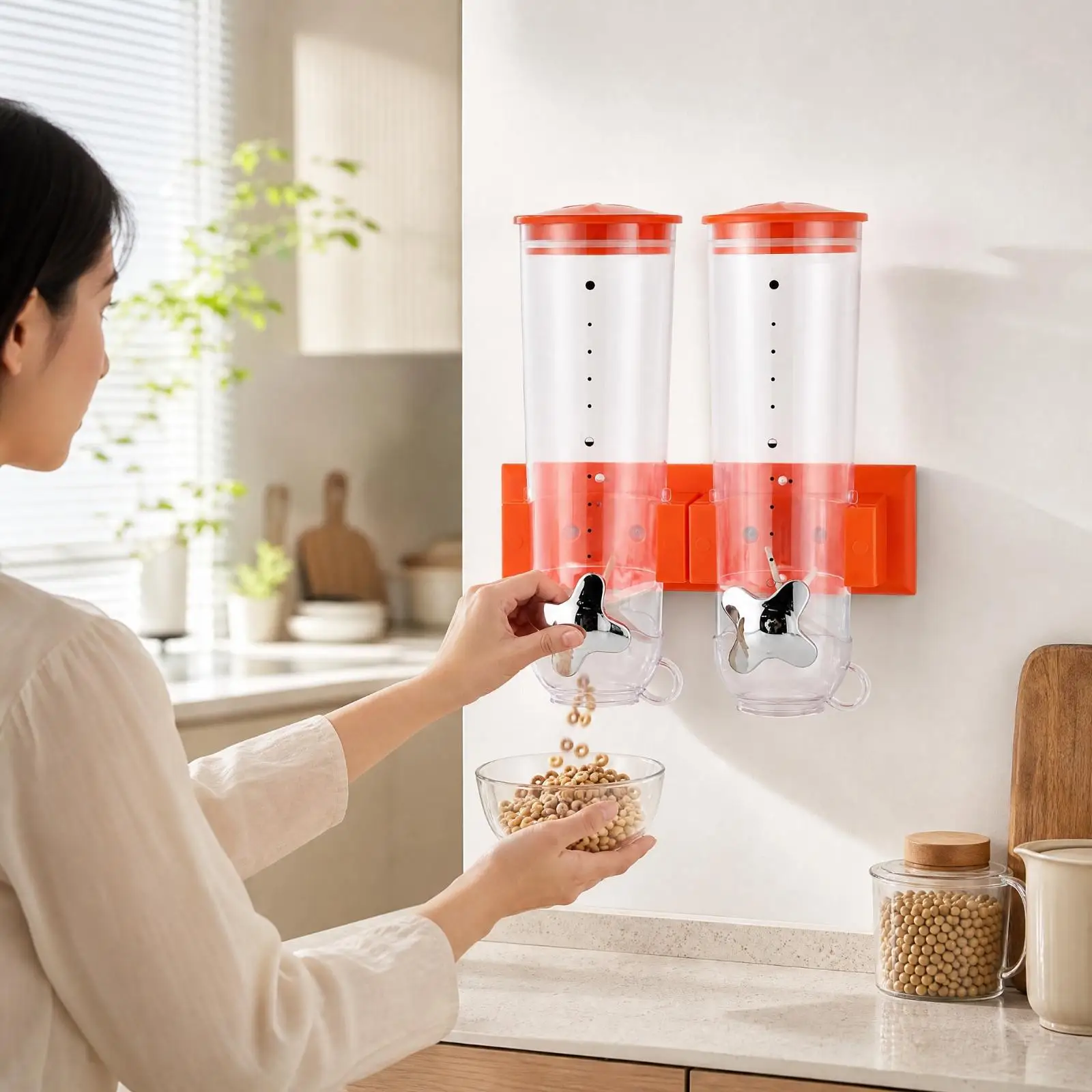 2 Pieces Wall-Mounted Dry Food Dispenser with Dispensing Wheel Sealed Wall-Mounted Cereal Dispenser Transparent Clear