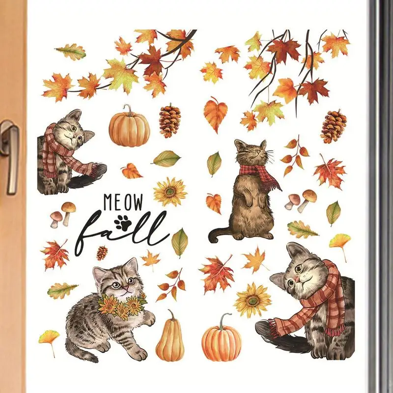 Autumn Window Stickers Pumpkin Cat Fall Clings Reusable Pumpkin Maple Leaves Sticker Decals For Shop Window Bedroom