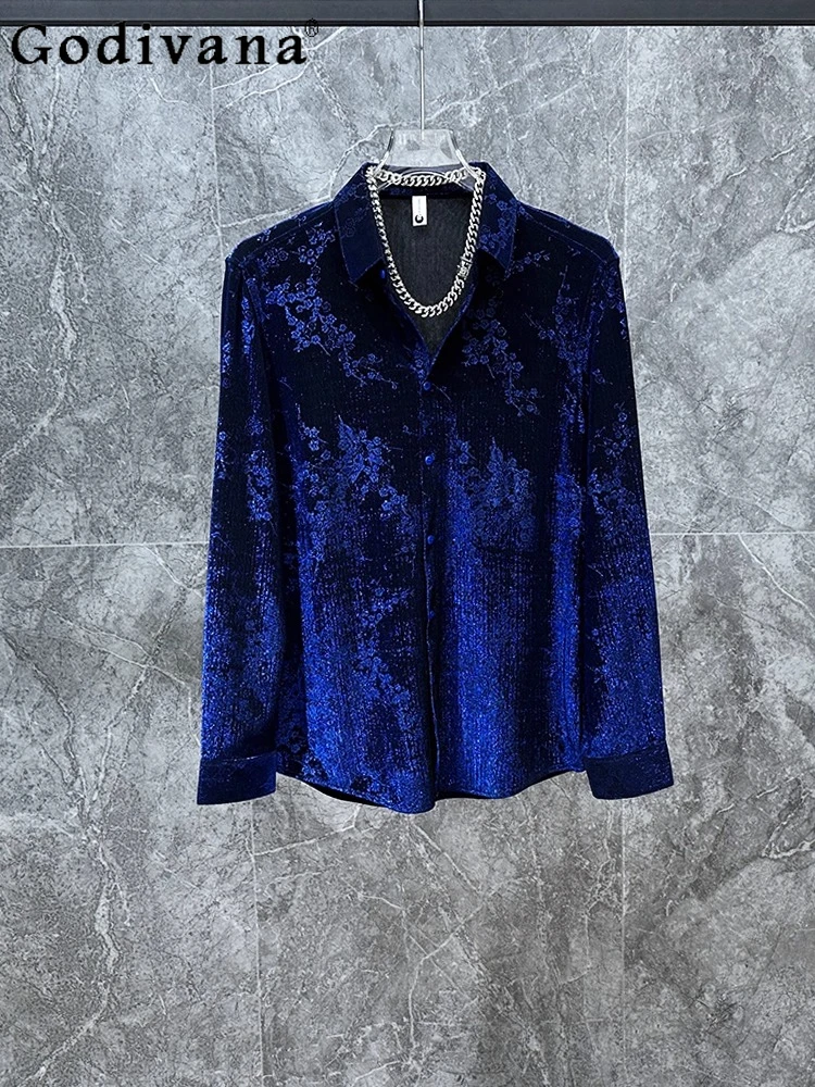 

Весенне-осенняя новая бархатная мужская красивая индивидуальная рубашка с длинным рукавом, модный универсальный свободный топ с отложным воротником для отдыха в стиле ретро