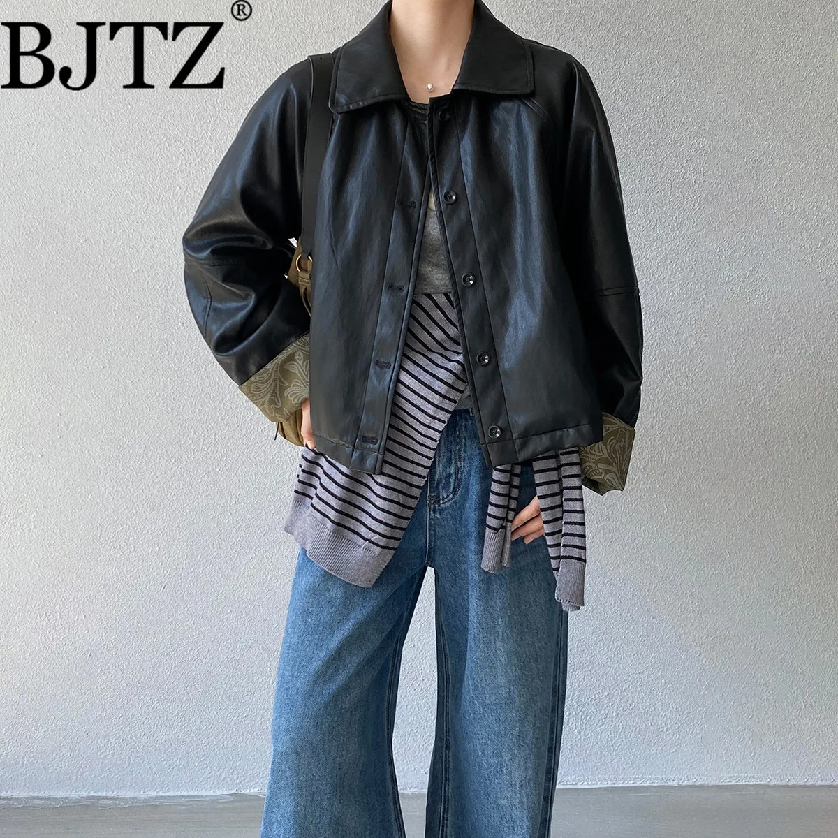 

BJTZ Lapel Patchwork Black Cargo PU Leather Jacket For Women 2025 Spring Autumn Sweet Cool Style Loose Jacket