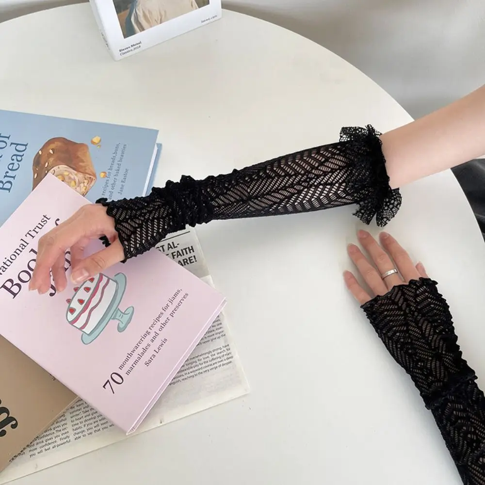 Nuevo Guantes sin dedos de encaje, mangas de brazo Anti-UV de malla elástica, protector solar para
