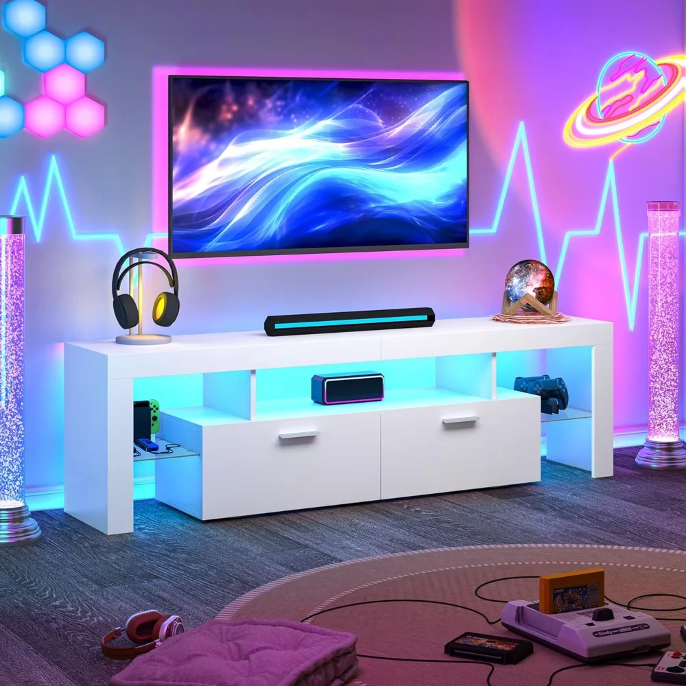 Clikuutory Modern TV Stand for 50-75 Inch TVs with 63 Inch Length and Large Storage Drawer, featuring 20 Color LED Lights