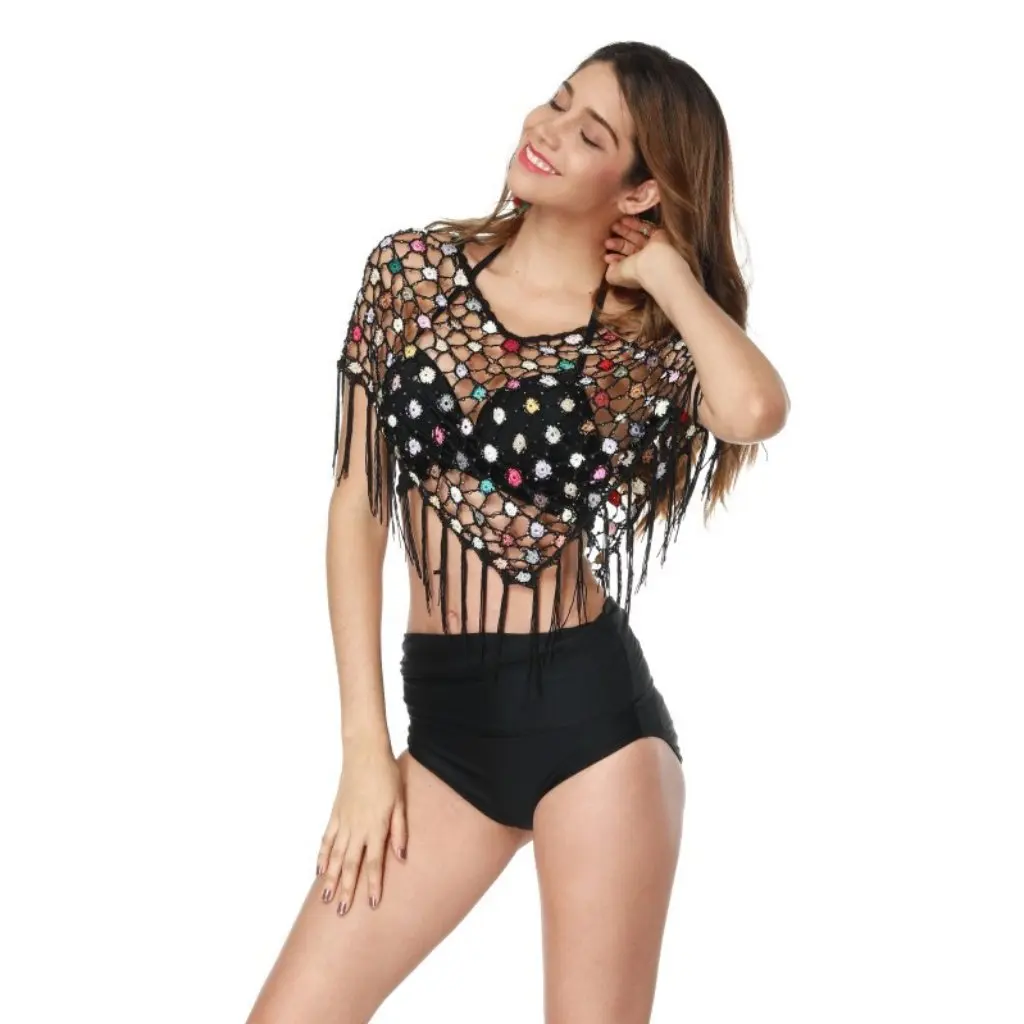 

Women's Hollow Embroidered Tassel Shawl Cape Beach Bikini Blouse European American Style Fashion Sunscreen Top