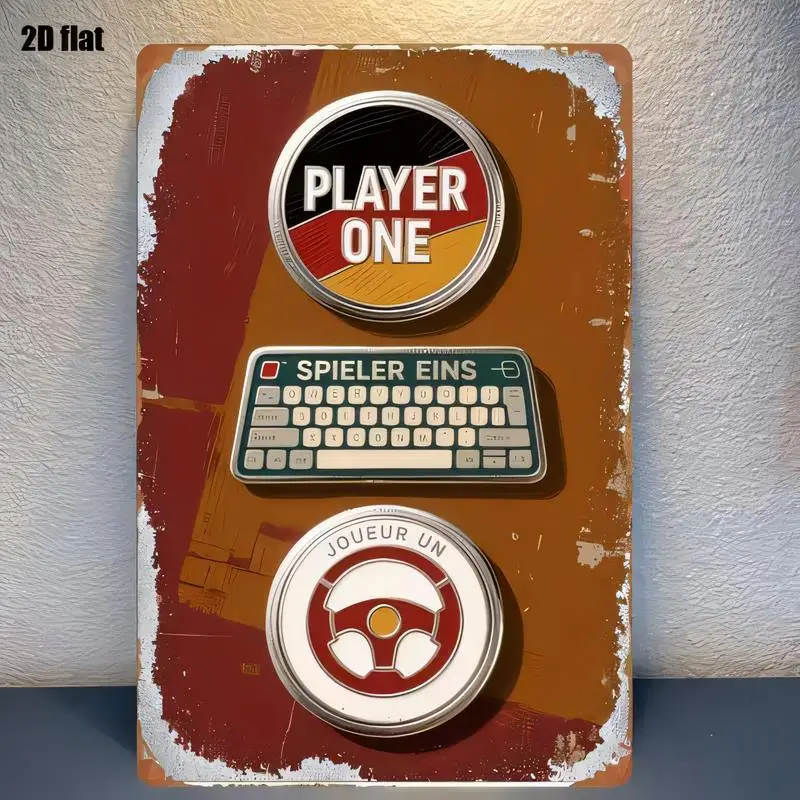 Placa de metal multilíngue com tema de jogos retrô – arte de parede em ferro com design vintage (teclado, volante, tema gamer) – castanho/vermelho.