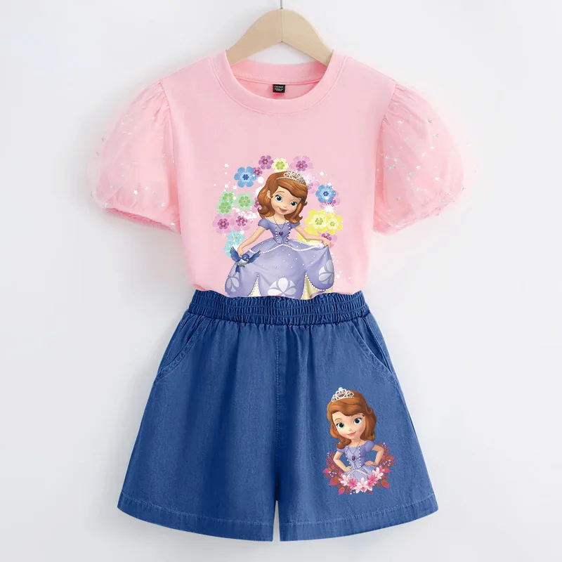 Sofia Girls' New Two Piece Summer Thin Cotton Short Sleeved T-Shirt Cowboy Shorts Girl Cartoon Set