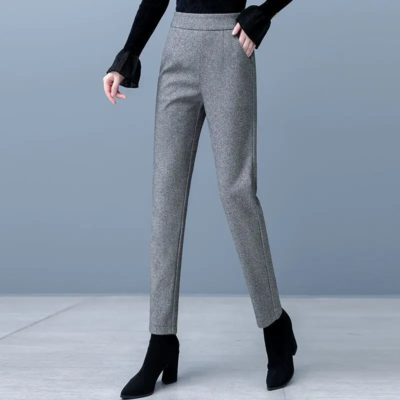 Women High Waist Harem Pants Elastic Waist Solid Textured Fabric Slim Fit Casual Trousers