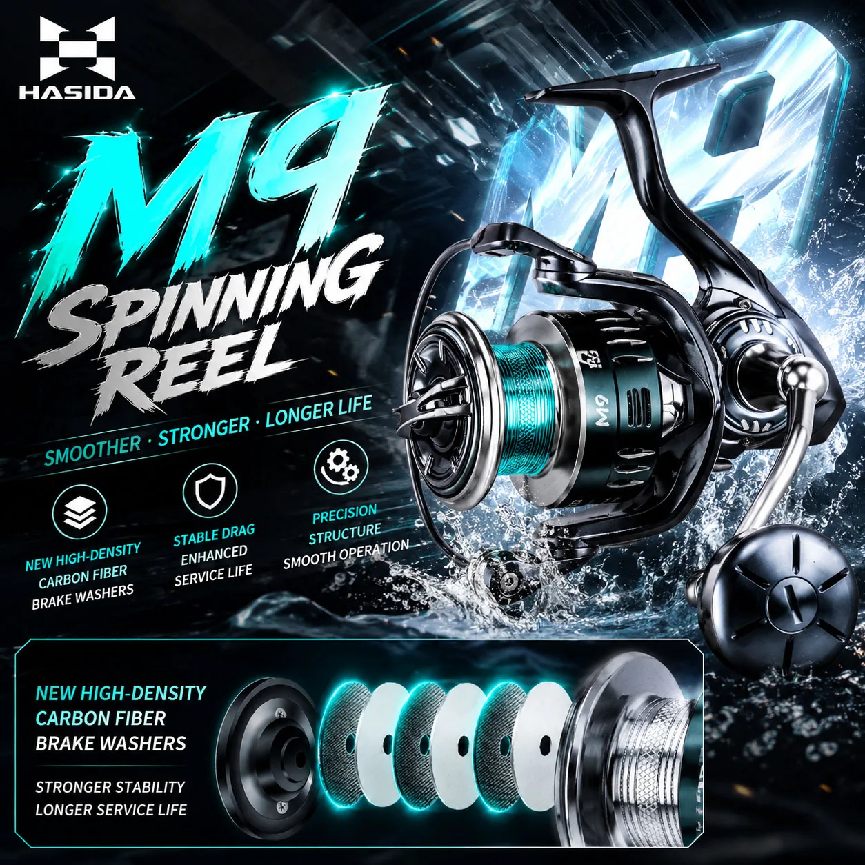 HASIDA M9 Metall-Spinnrolle Ultra-Hardcore Aluminiumlegierung-Gehäuse + Kohlefaser-Rotor 30% Verbesserte Gehäusestabilität 12KG Max Bremskraft