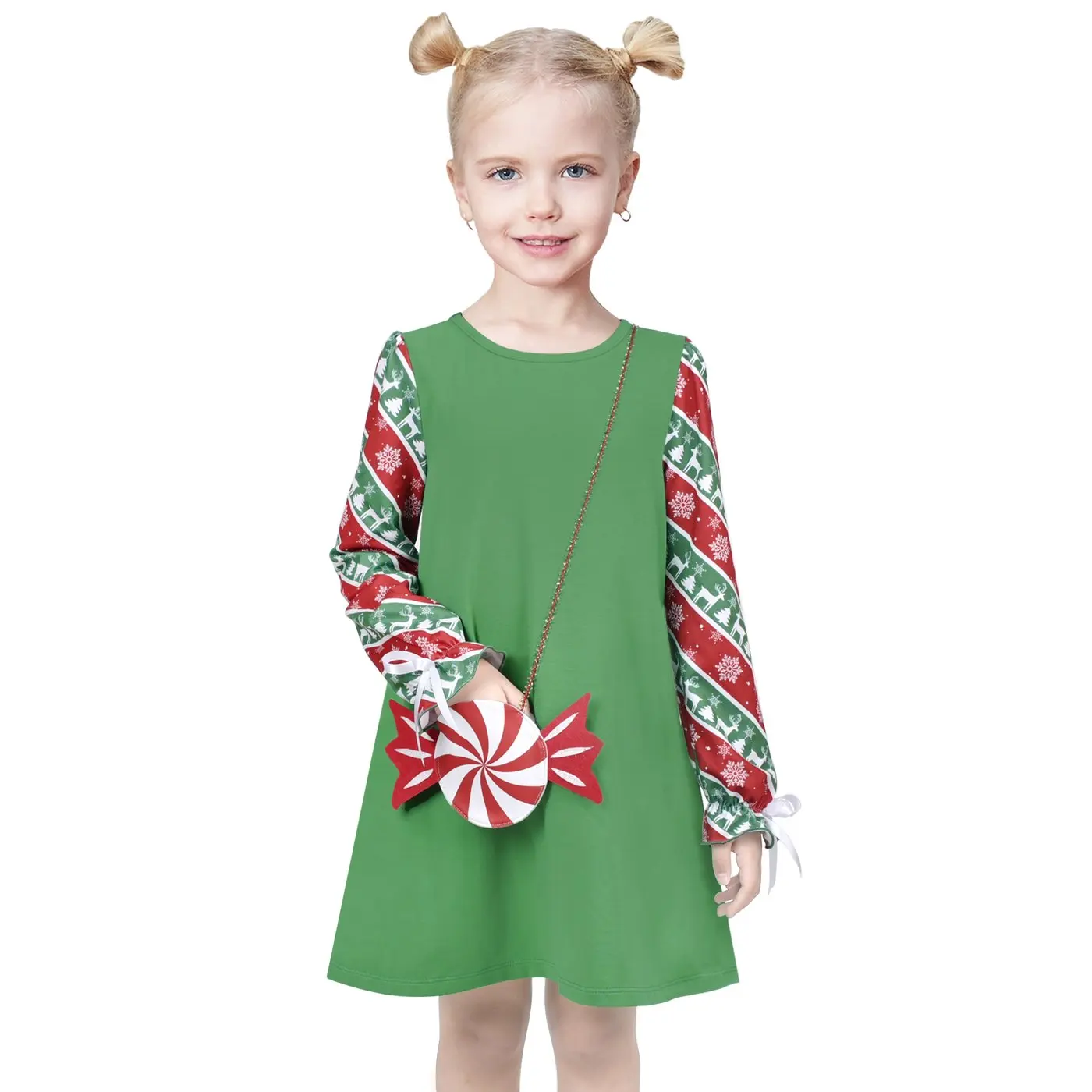 Girls Dress 2 Piece Red Green Tree Christmas Candy Canes Bag Snowflake