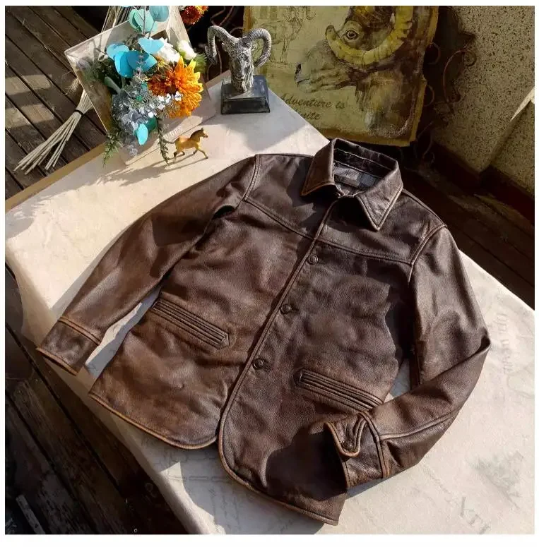 LNY Shop Best.Brand Classic casual real leather jacket.Retro Frosted cowhide car coat.Father Vintage brown leather cloth.Natural